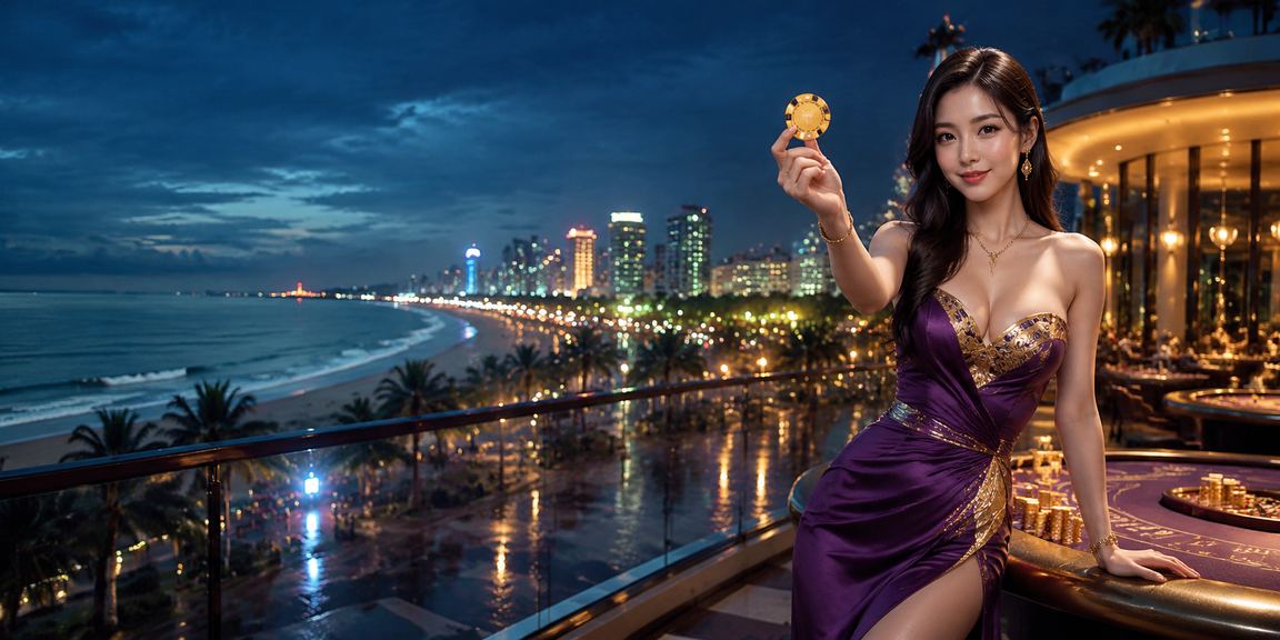 Cảnh bãi biển Đà Nẵng về đêm với banner khuyến mãi hoàn trả cược hấp dẫn